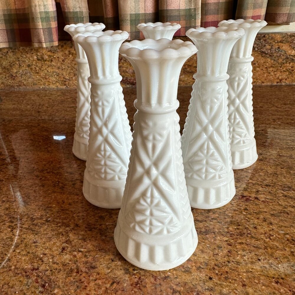 Vintage Anchor Hocking Stars & Bars Milk Glass Bud Vase 6"  Lot of 6 MCM Wedding